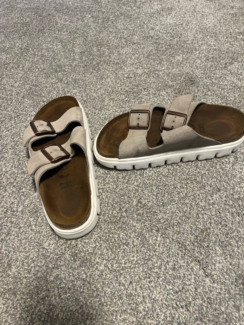 Papillio Taupe Suede Double Buckle Slide Sandals with White Sole